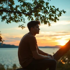 Young man sitting near water