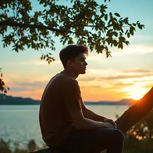 Young man sitting near water