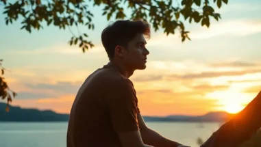 Young man sitting near water