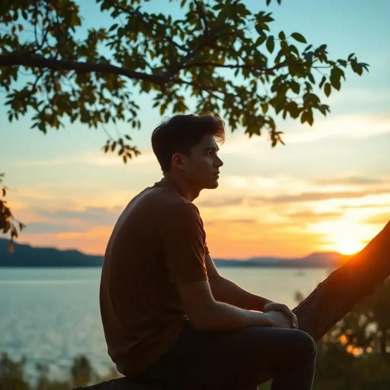 Young man sitting near water